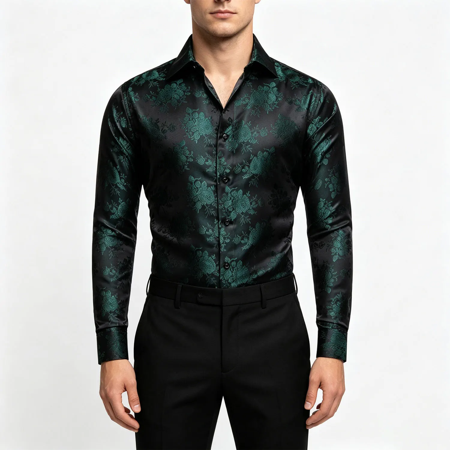 

Men's Luxury Floral Jacquard Satin Shirt Polyester Long Sleeve Button Down Formal Casual Blouse