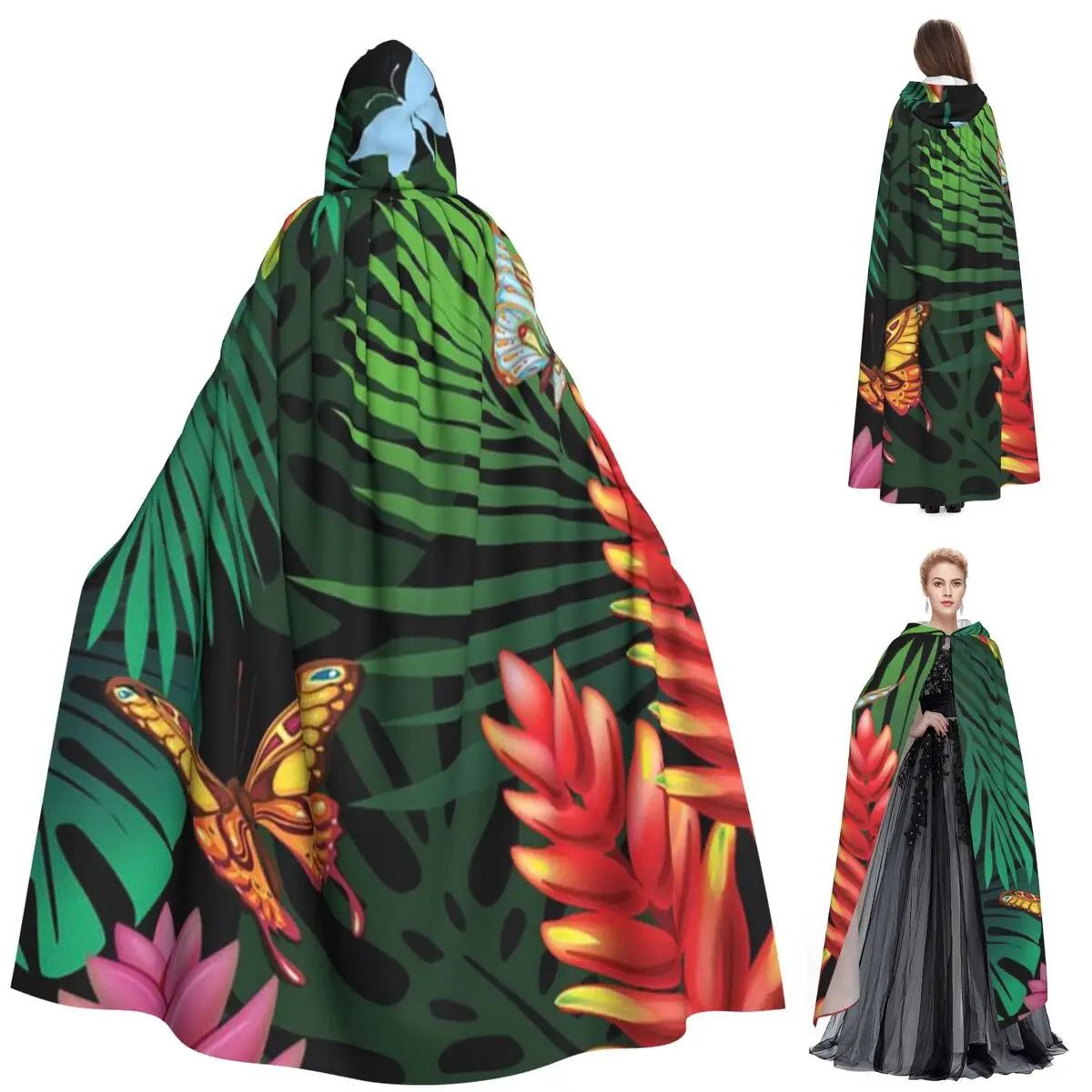 

Exotic Flower In The Rainforest Floral Pattern Long Hooded Cloak Witch Medieval Costume Cosplay Cape HalloweenParty Adult Unisex