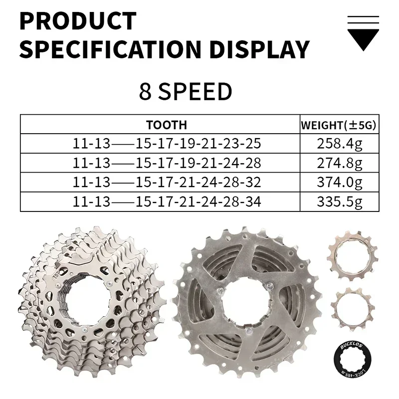 BUCKLOS K7 8 Speed Bicycle Cassette HG Road Mountain Bike Cassette 25T 28T 32T 34T 40T Bicycle Chain 8V Road MTB Current