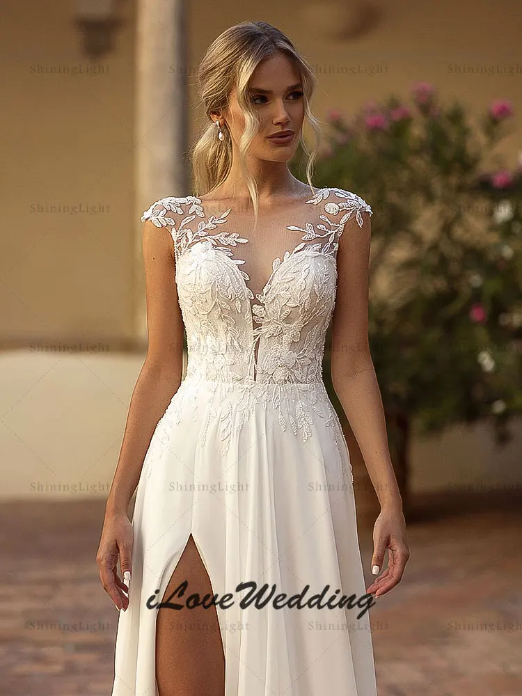 ShiningLight Vintage Chiffon Wedding Dresses With Side Slit Cap Sleeves Boho A-Line Bridal Gowns Appliques Sheer Neck Customized