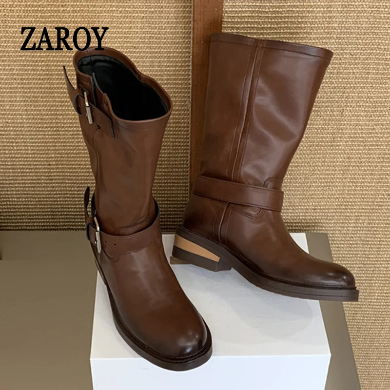 ZAROY Round Toe Belt Buckle Mid-calf Boots Women Autumn Winter Footwear Retro Casual Square Heel Punk Riding Knight Botas 