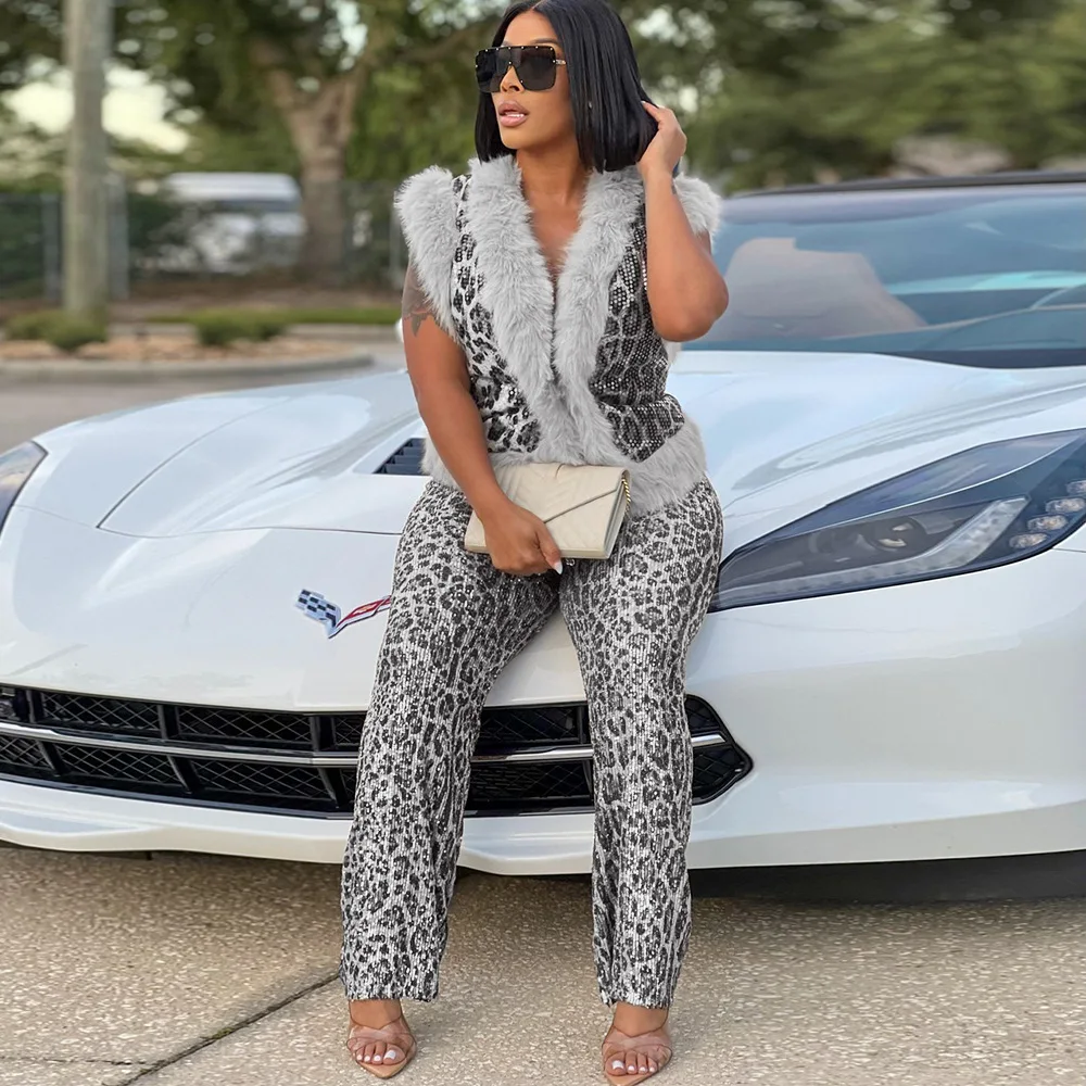 

Two Piece Sets Pants Set Women Casual Suit Sleeveless Tops Leopard Sequin Tracksuit Elegant Work Elastic Waist 2025 Autumn