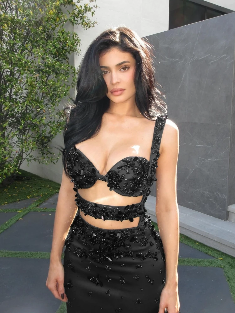 Robe longue de soirée noire, Sexy, bretelles Spaghetti, paillettes, perles, découpées, sans manches, luxe, perles, moulante