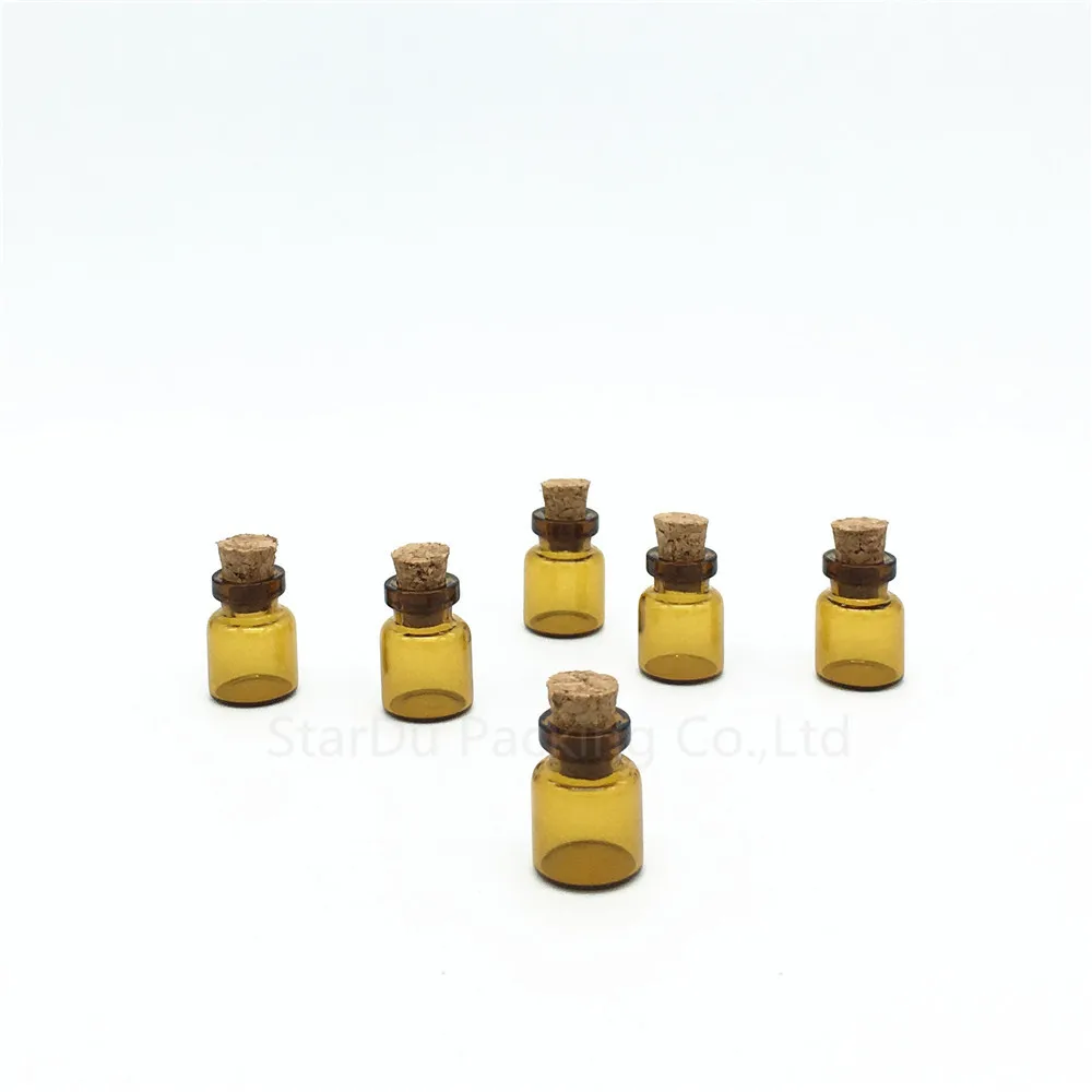 Free Shipping 1000pcs/LOT Diameter 13mm Small Wishing Amber Glass Bottle With Cork , 0.6ml Brown Glass Vials Display Bottle