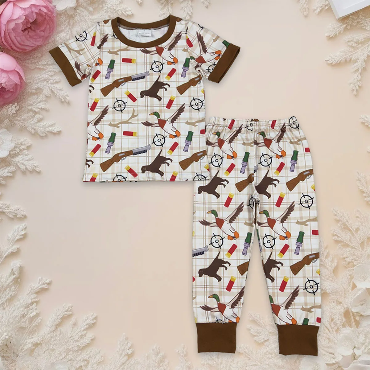 Toddler Baby Boy Checked Plaid Dogs Ducks Hunting Short Sleeve Tops Kids Pajamas Sets Leggings Pants Casual Outfit Clothing