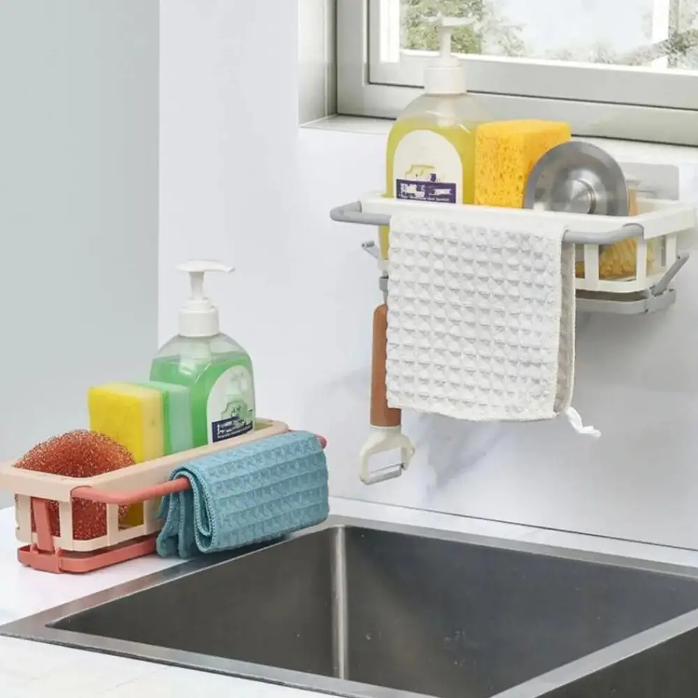 

Wall Mounted Kitchen Sink Sponge Holder with Hook Telescopic Tray Dish Drainer Rack Plastic Storage Basket Sundries