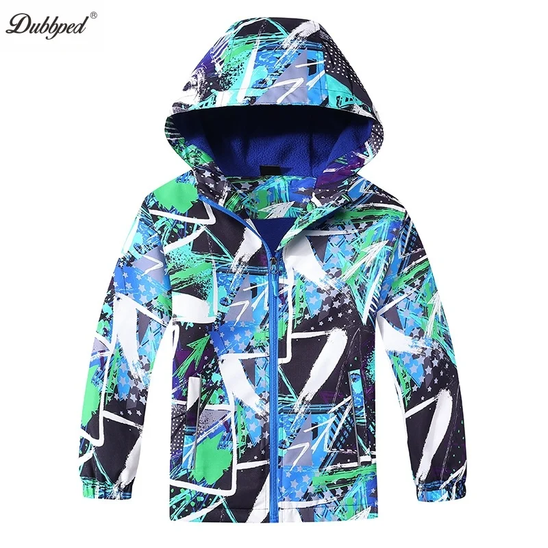 Dubbped Boys Color Block Fleece Lining Zip Up Hooded Jacket Raincoat Windbreaker Outerwear Kids Clothes Rain 3-12Y