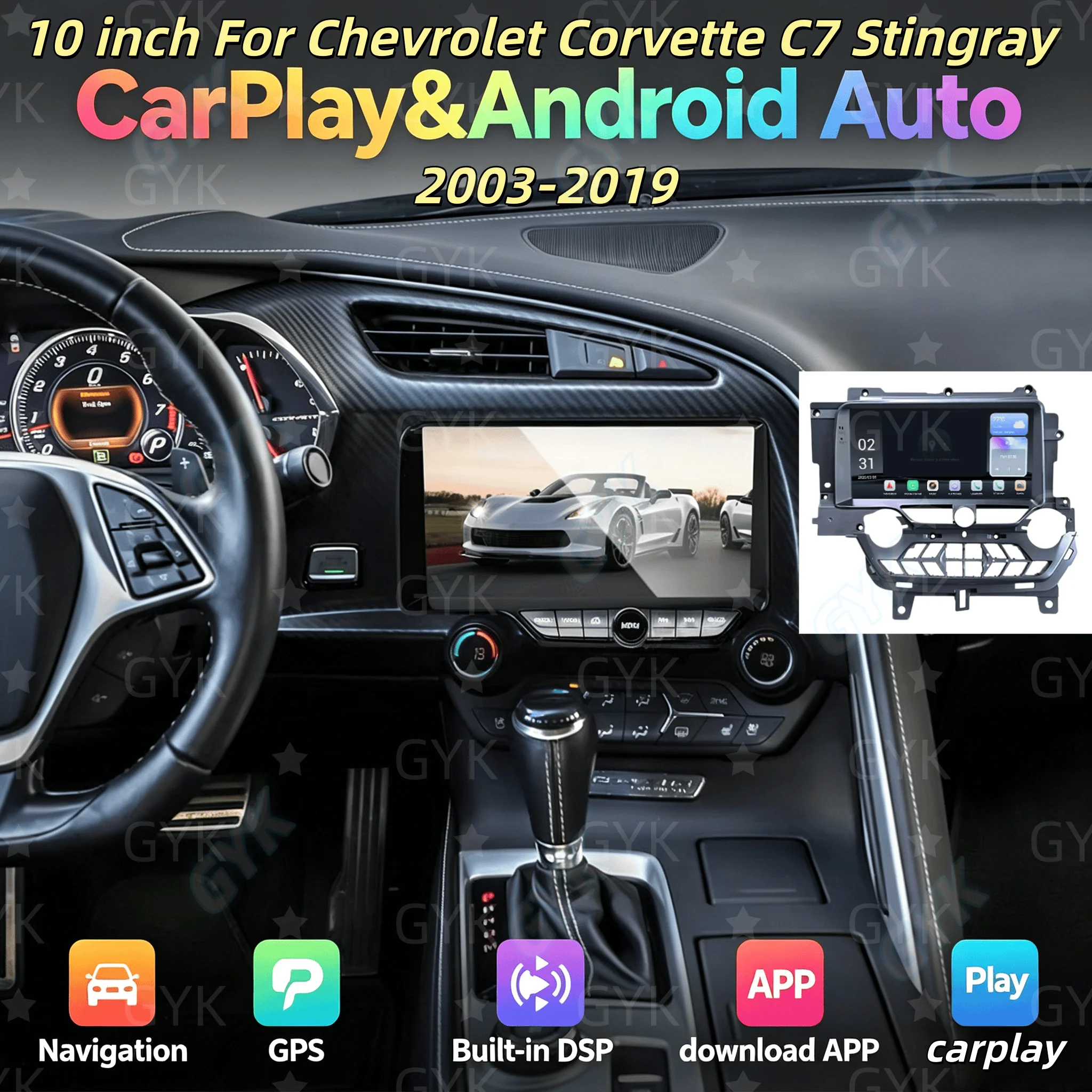10 inch Multimedia For Chevrolet Corvette C7 Stingray 2003-2019 Carplay Android Player Car GPS Navigation Touch Screen Bluetooth