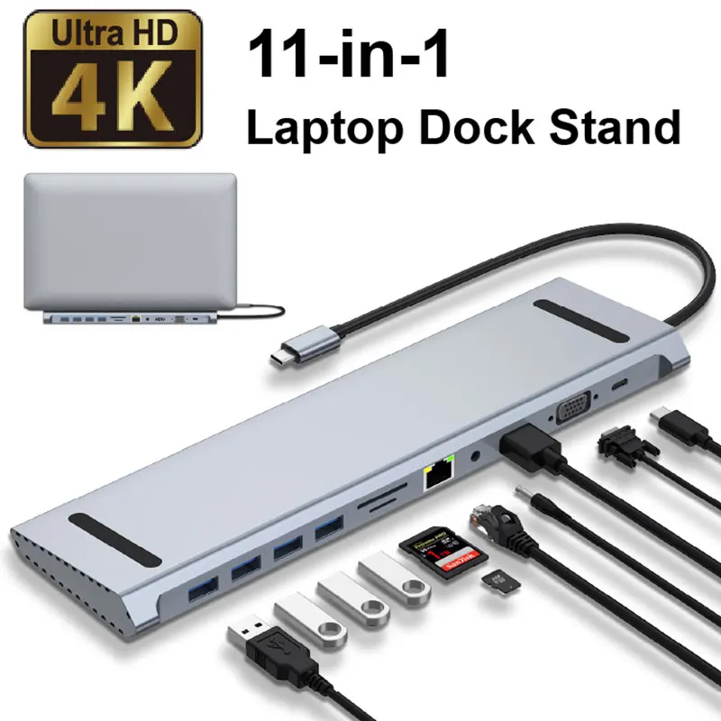 

Многофункциональная док-станция USB-C 11-в-1 с поддержкой 4K HDTV, VGA, зарядкой PD, Ethernet RJ45, USB 3.0, слотами SD/TF и аудиовыходом для ноутбуков