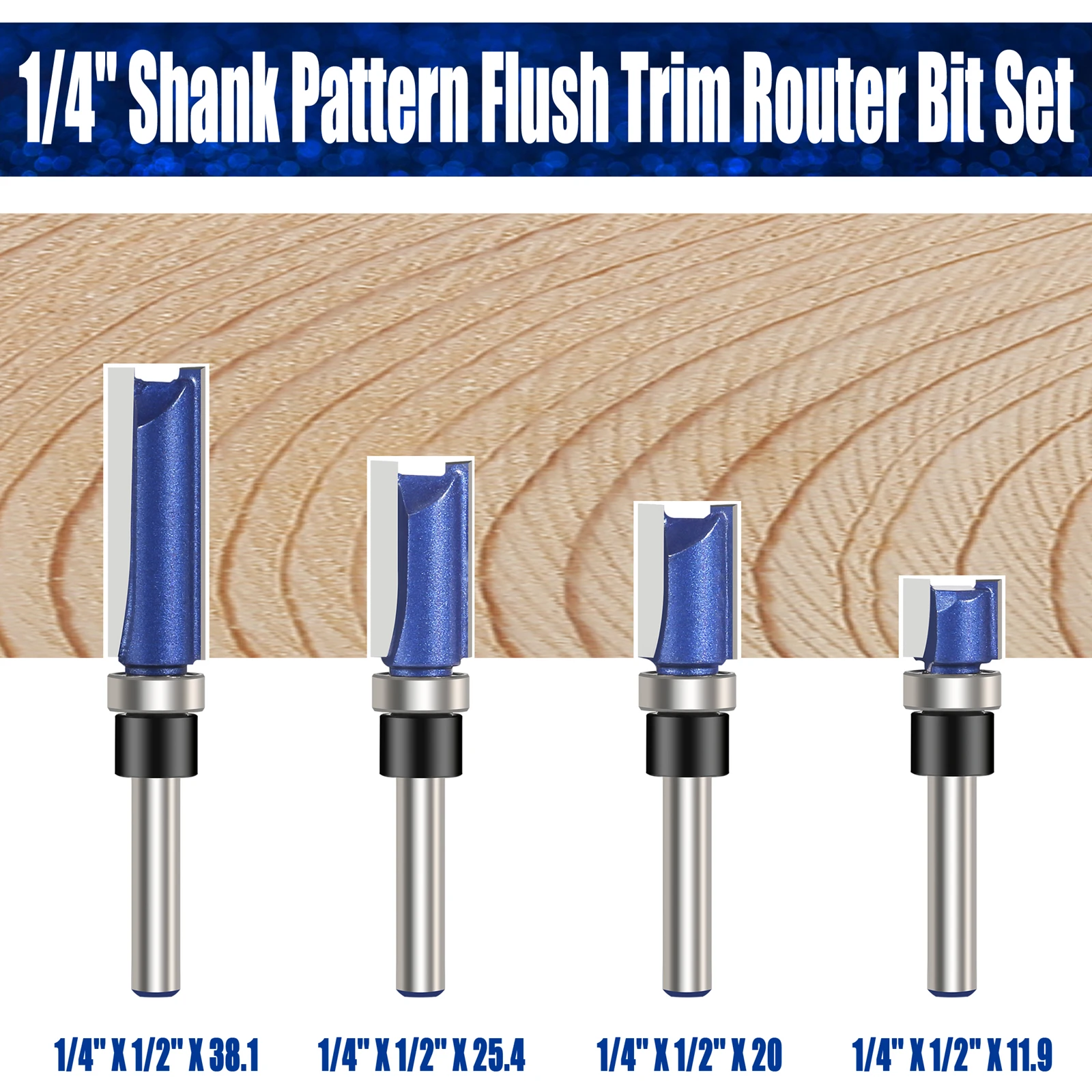 1PC 1/4-inch Shank Bearing Guided Pattern Router Bit Woodworking Edge Trimming Tool with Double-Edged Straight End Mill Blade