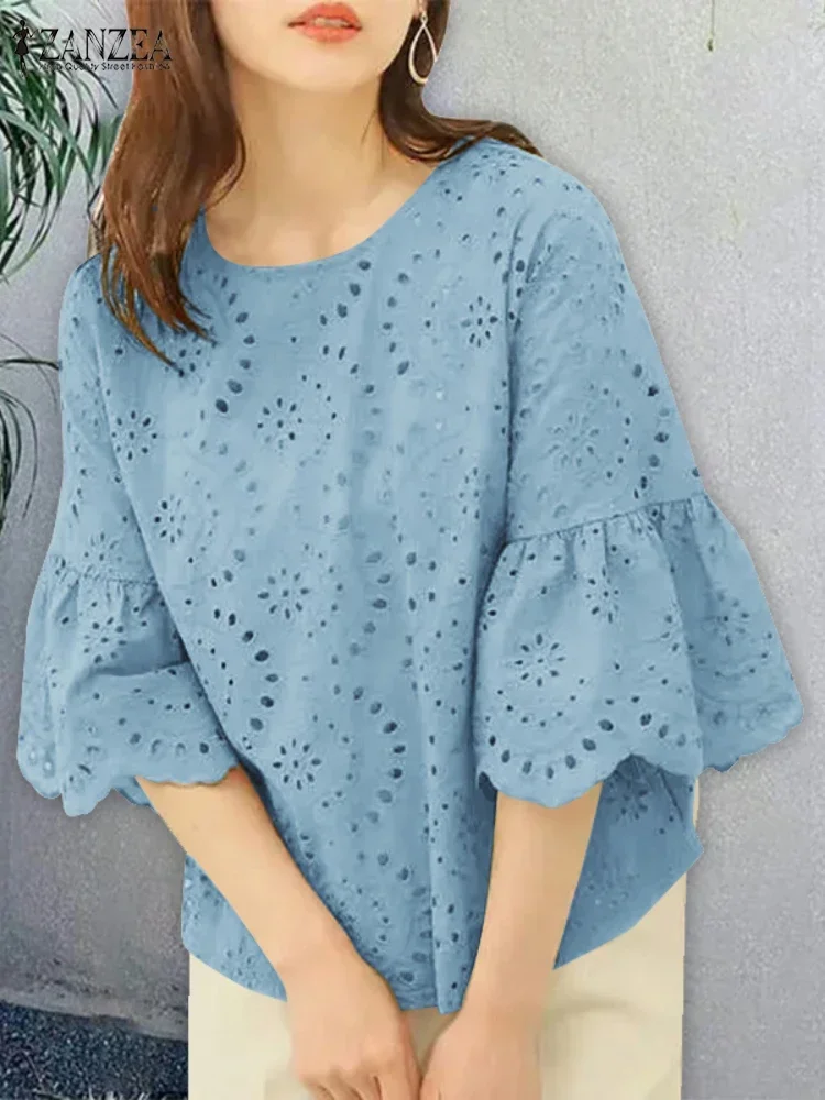 Camicetta elegante da donna in pizzo all'uncinetto 2025 ZANZEA Top estivi femminili Camicia da vacanza da lavoro OL Top Elegante manica a 3/4 Patchwork Blusas