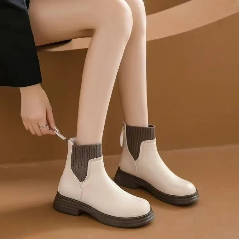 Fashion Women Back Zipper Ankle Boots, Knit Spliced Thick Sole Chelsea Boots, Solid Color Winter Daily Short Boots