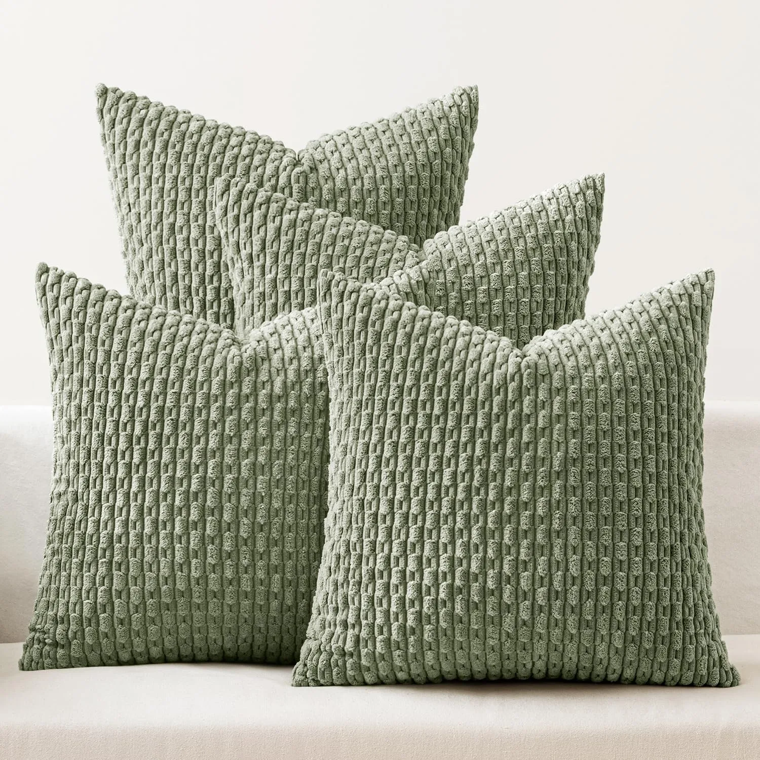 Fundas de almohada de granja de primavera, color verde salvia, 18.0 x 18.0 in, fundas de almohada decorativas de pana a rayas para sofá suave