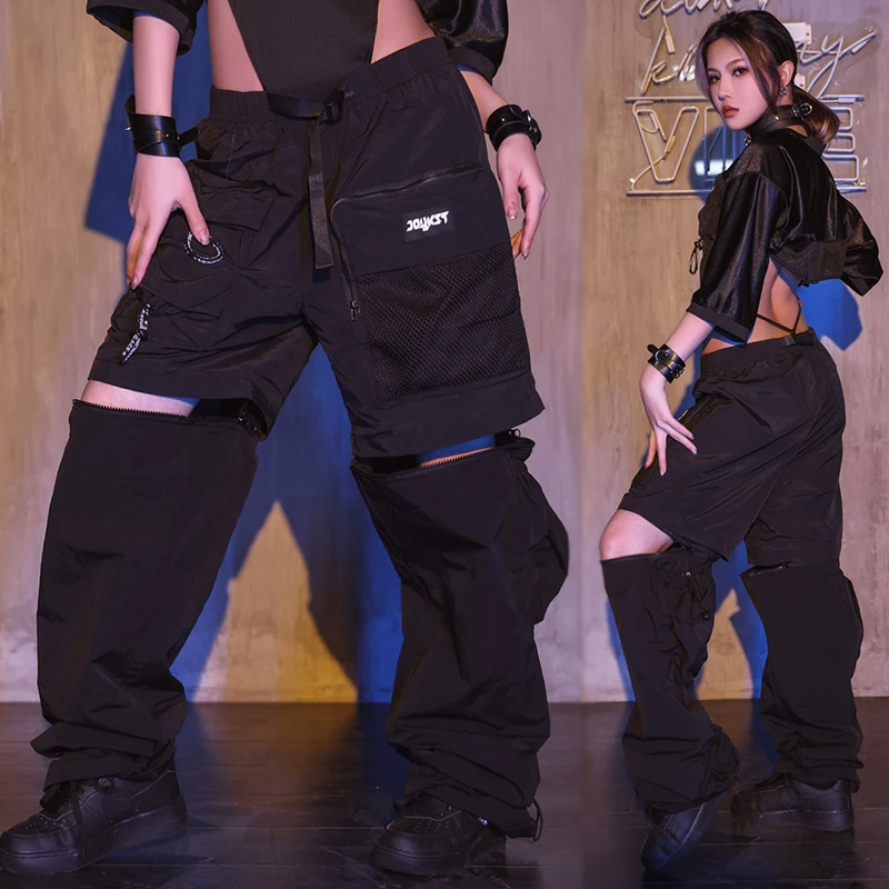 Adult Hip Hop Dance Wear Black Hollow Out Loose Pants With Pocket Women Jazz Street Dance Costume Dancer Cargo Pants New VDL2294