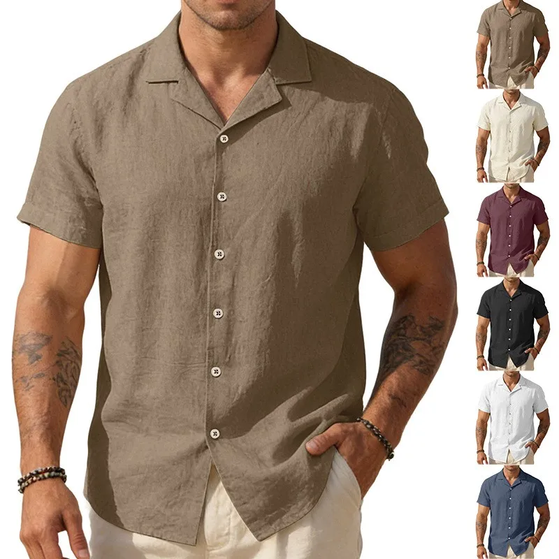 

Summer Shirt Men's Cotton Linen Patchwork Shirts Regular Fit Spread Collar Casual Shirt Loose Fit Solid Color Short Sleeve Shirt
