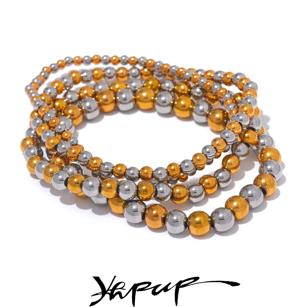 Yhpup 3/4/5/6 MM koraliki ze stali nierdzewnej codzienna ręcznie robiona elastyczna bransoletka Bangle wodoodporna nadgarstek hurtownia biżuterii w kolorze złotym mężczyzn