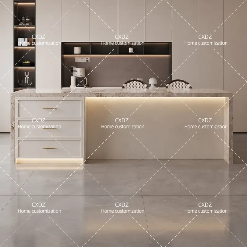 Cream Rock Slab Flush Island Table Integrated Dining Table Household Large Apartment Storage Bar Table Multi Person 2.4m
