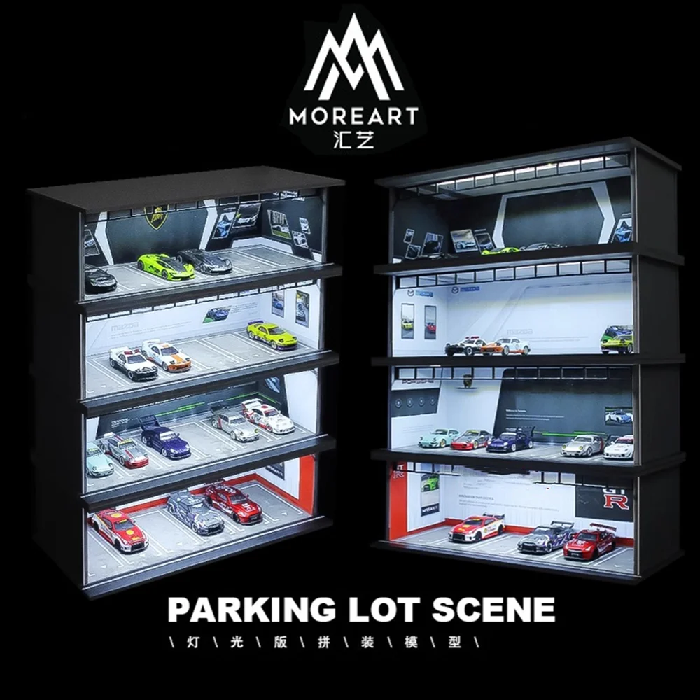 MOREART Model garasi mobil, 1:64 skala Diorama rakitan lampu LED tempat parkir mobil tampilan latar belakang Model koleksi mainan