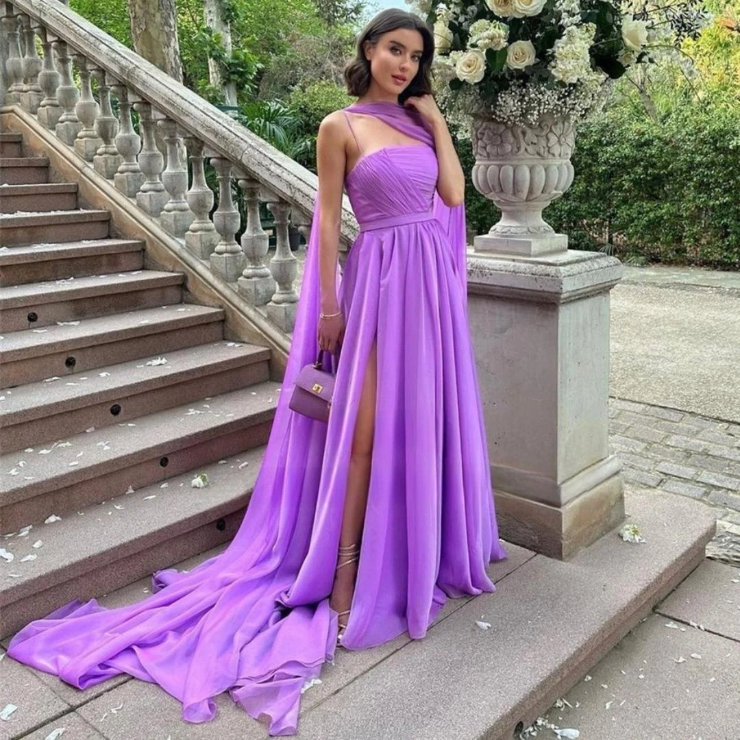 

Fashionvane Summer Ladies Wear A Line Chiffon Prom Dresses Long Side Slit Ruched Formal Occasion Party Evening Gowns with Wraps