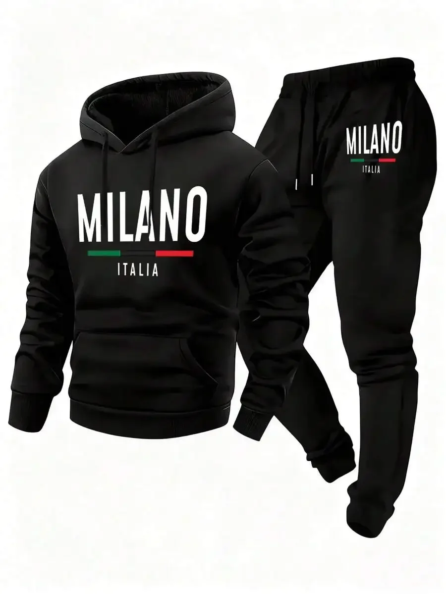 Black 2-Piece Hooded Sweatshirt And Joggers Set With Milano Italia Graphic, Casual Streetwear For Daily Wear