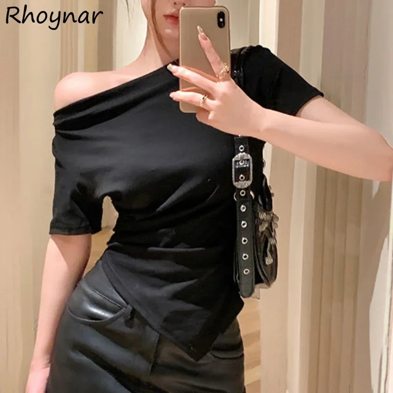 Slash Neck T-shirts Women Solid Fashion Irregular Deign Summer Slim Hotsweet Korean Style Casual Elegant Streetwear Chic Mature