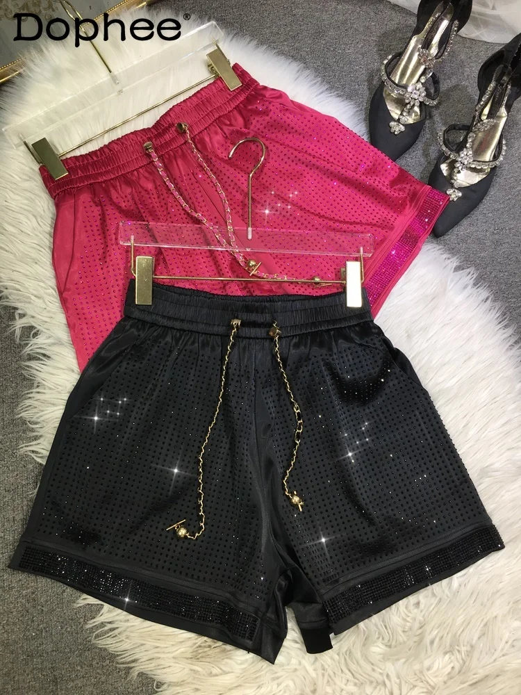 

Summer Lightweight Diamond Silky Satin Hot Pants European Goods Hot Drilling Shorts Women Straight Pants High Waisted Shorts