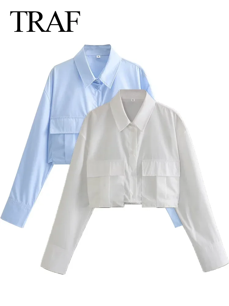 2024 Women Solid White Blouse Long Sleeve With Pocket Casual Loose Chic Tops Office Lady Fashion Basic Versatile Shirt