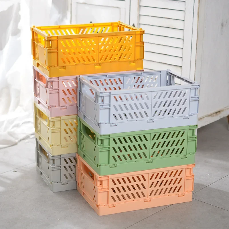 

1pc Mini Folding Plastic Storage Box Student Desktop Organizer Handbook Tape Stationery Folding Basket Storage Basket