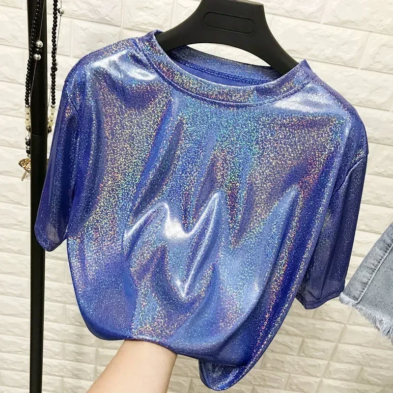 S-4XL Womens Sparkly Shiny Metallic Holographic Round Neck Short Sleeve Casual Loose Top Festival Party Tee Shirt Female Clothes