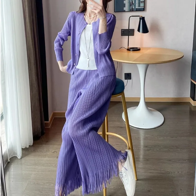 

Miyake Pleated Top 2026 Summer New Long Sleeve Button Cardigan Simple Elastic Tassel Straight Pant 2-Piece Set Women's Clothing