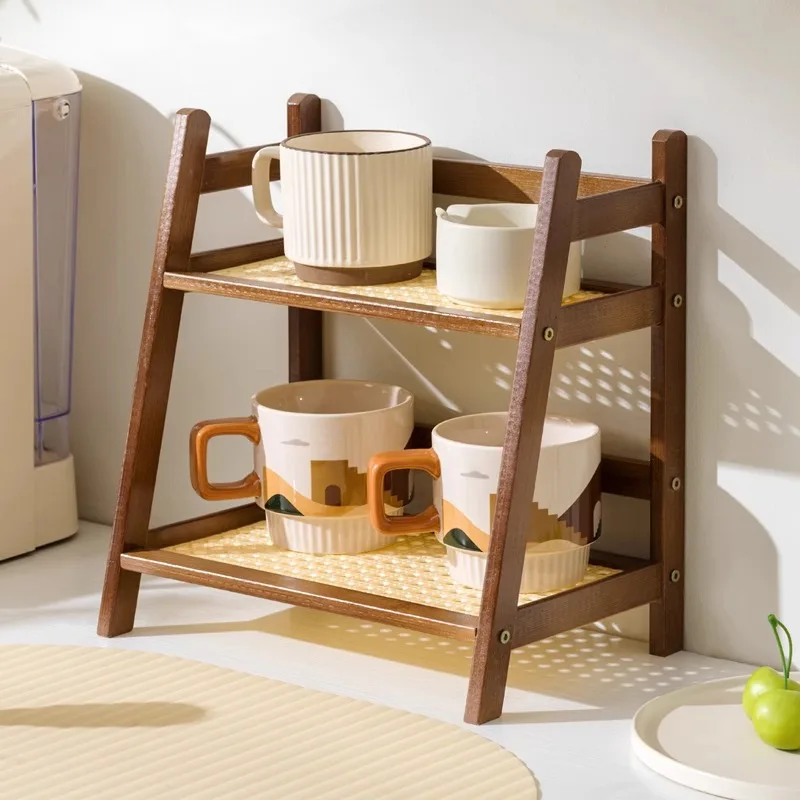 Arbeitsplatten-Organizer, 2-lagiger Kaffeetassenhalter, Mehrzweck-Aufbewahrungsregal aus Bambus für Hotel, Wohnung, Schminktisch, Küche, Zuhause