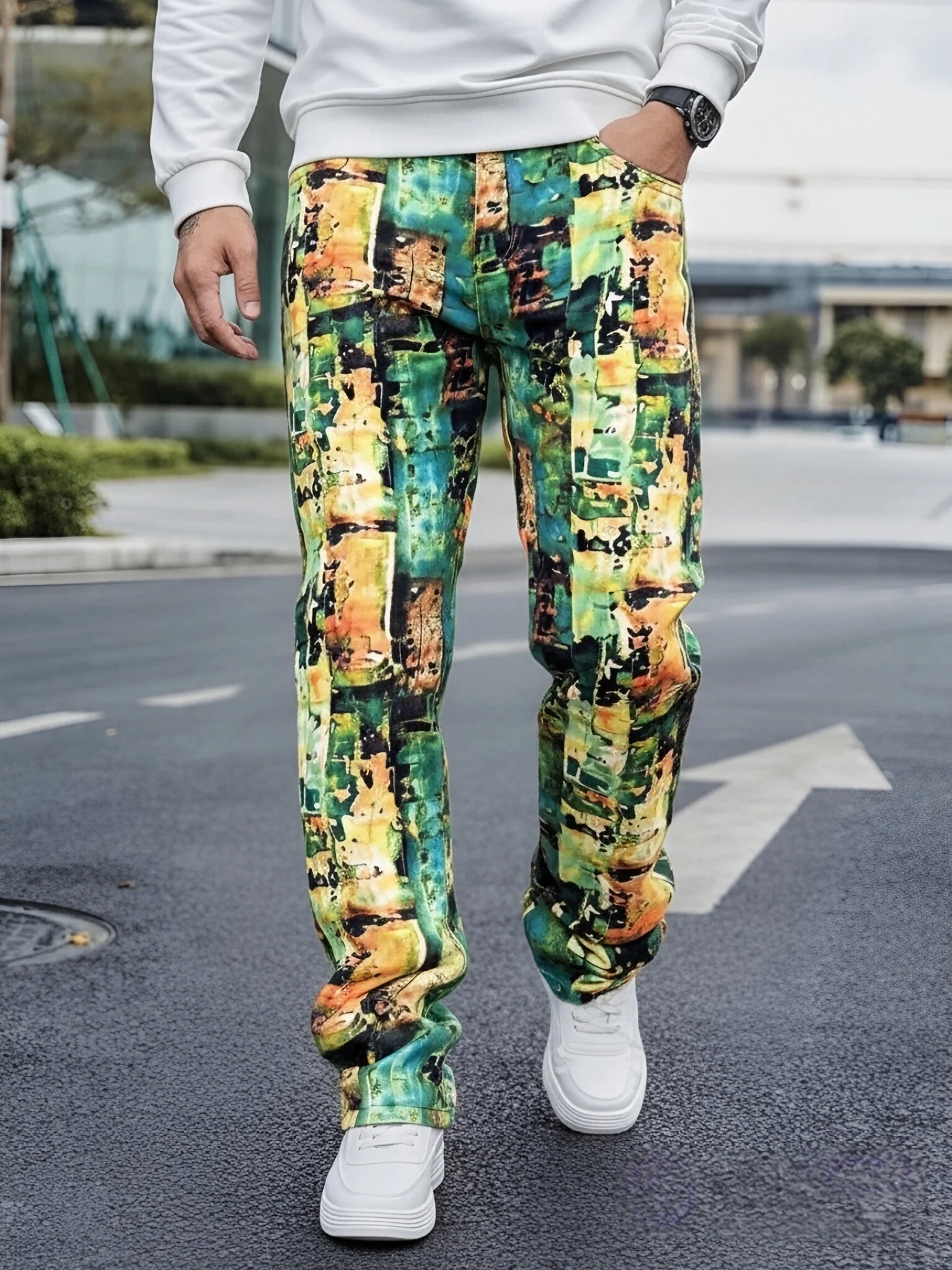 

Y2K Men's Denim Jean Patchwork Collection - Fashionable Trendy Street Hip-Hop Style Regular Fit Green Cotton Blend