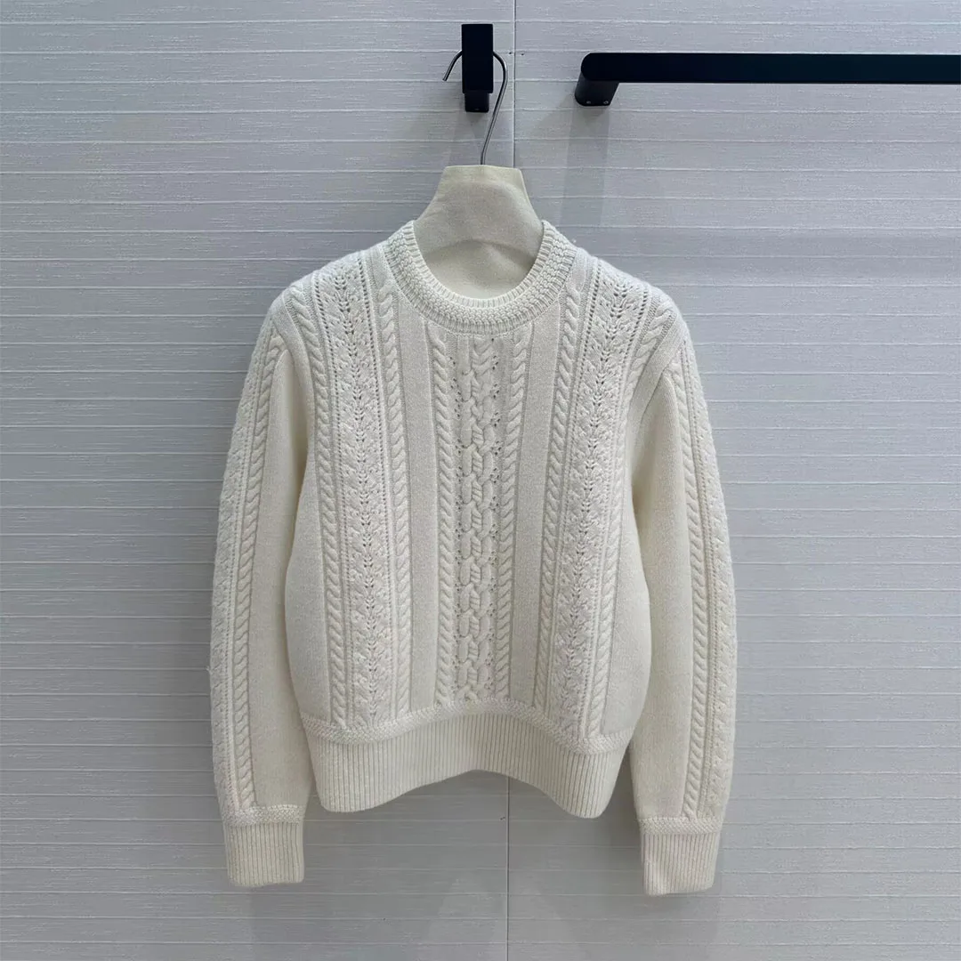 2025 New Autumn Fashion Cashmere Blends White Pullover Women Knit Sweater Twist Crochet O-neck Long Sleeve Casual Cute Knitwear