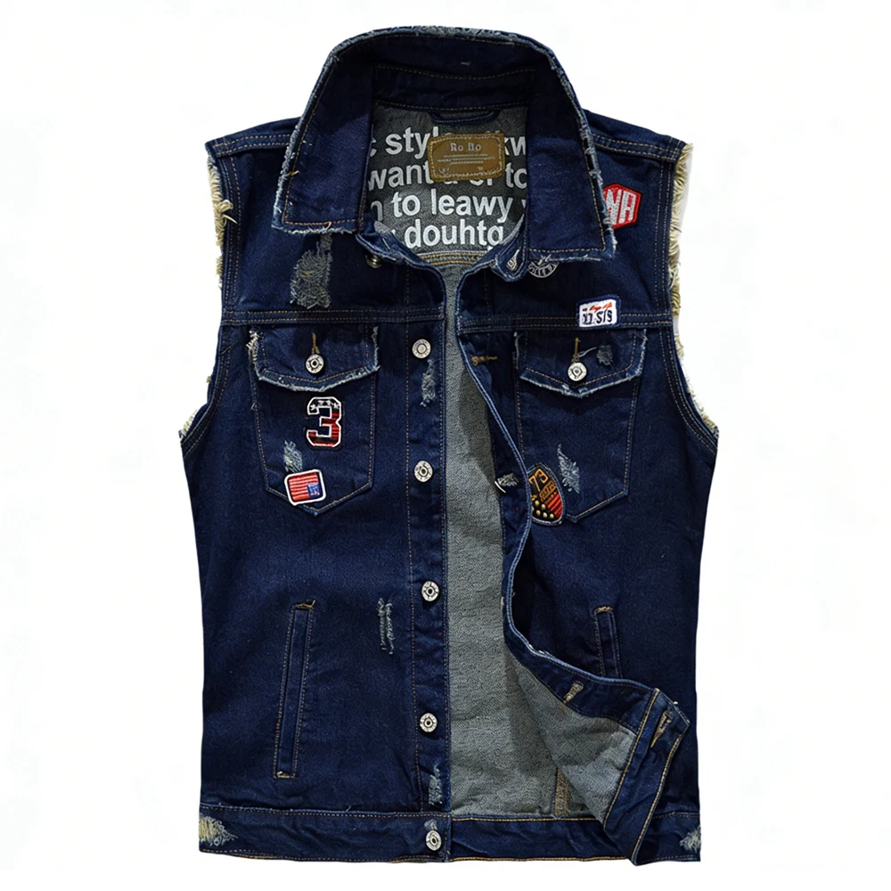 Frühling Sommer Herren Jeanswesten Mode Herren Baumwoll-Patch Streetwear Ärmellose Jeansjacken Retro Party Denim-Westen