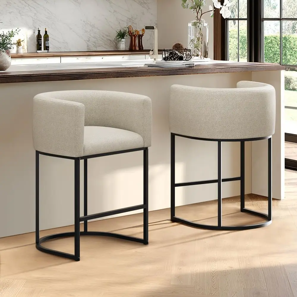 

Set of 2 Linen Upholstered Counter Height Bar Stools, 24 Seat, Metal Legs, Beige