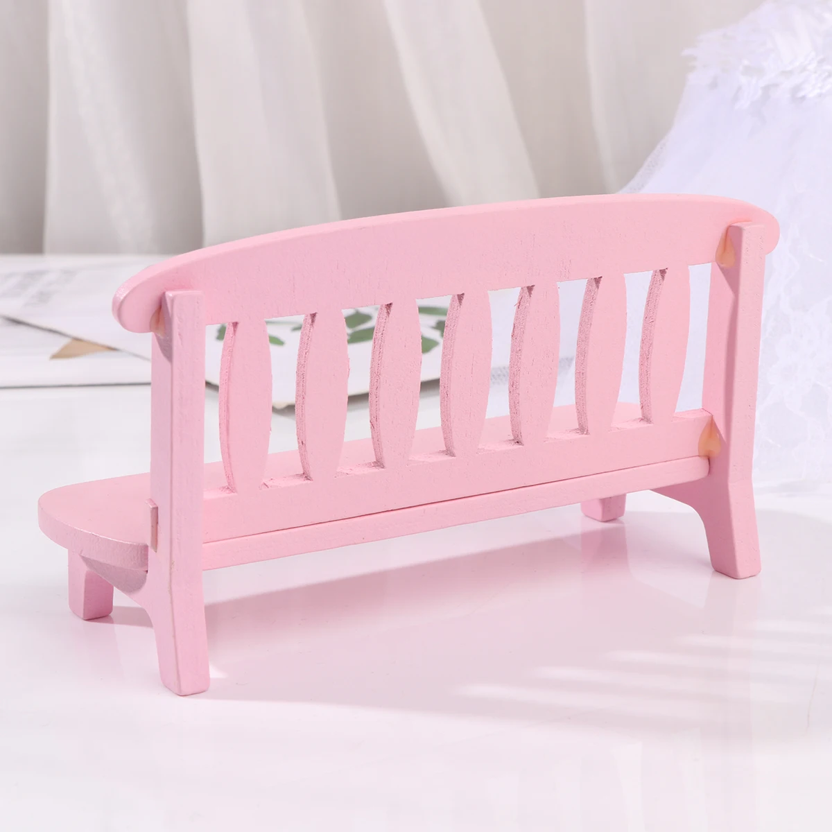 

Mini Wooden Settee Pink Vintage Chair Ornament Creative Adorable Decoration Home Photo Prop Mini Settee Model Wooden Chair