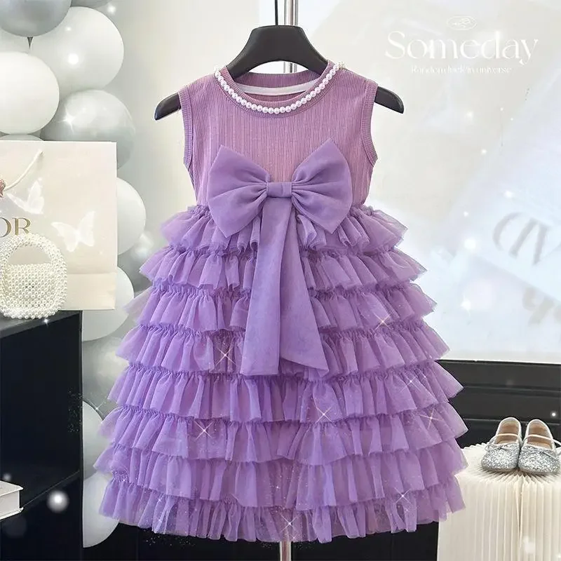 

2025 New Girls' Dress Summer New Fashionable Children's Tank Top Dress Bow Princess Cake Dress