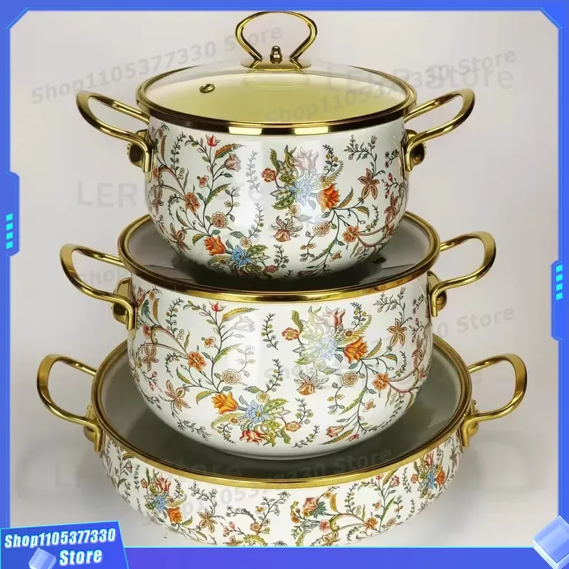 Enamel Soup Pot 20cm 24cm 30cm Charming Flowers Birds Pattern Non Stick Cookware Kitchen Casserole Direct Sales Hot Item 20cm