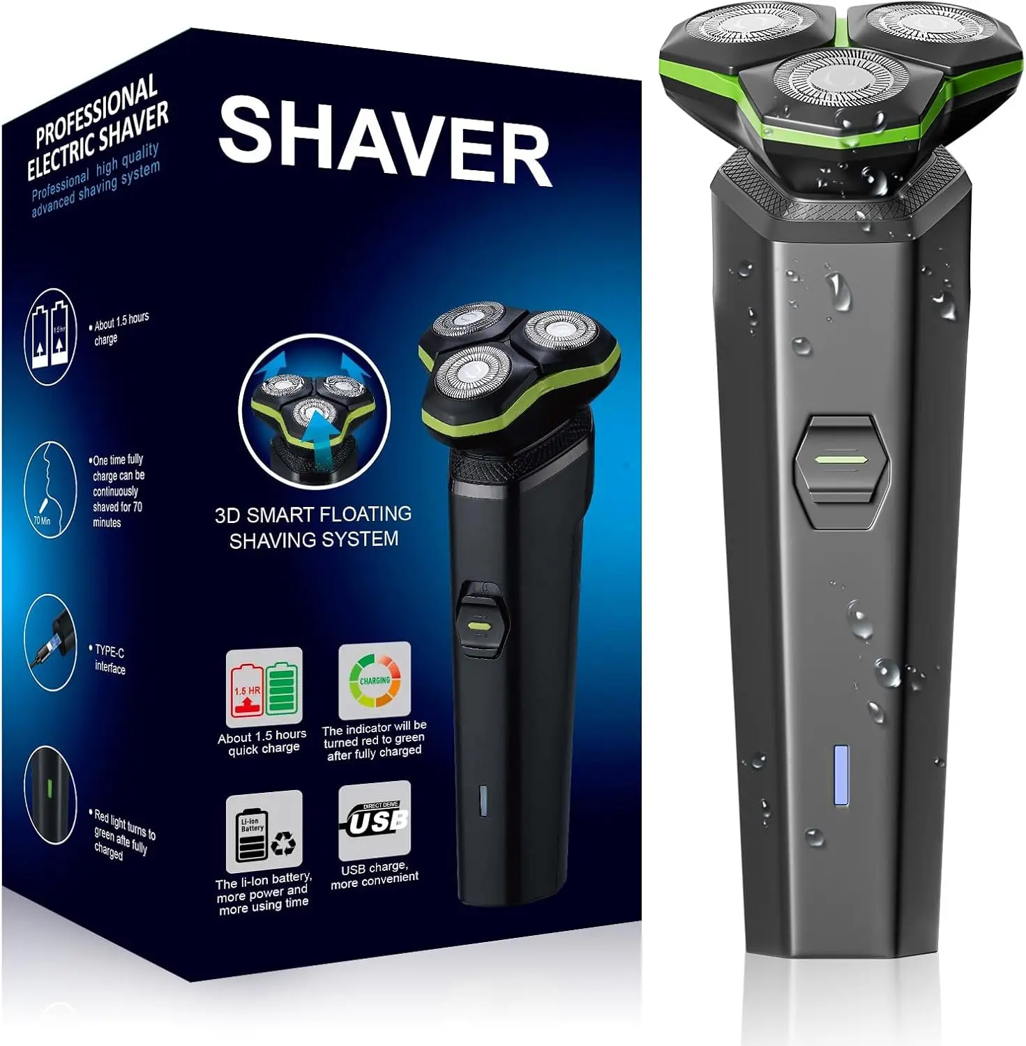 Electric Razor for Men Electric Shavers with Magnetic Detachable Head 3D Floating Head Type C Charging Shaving Machine