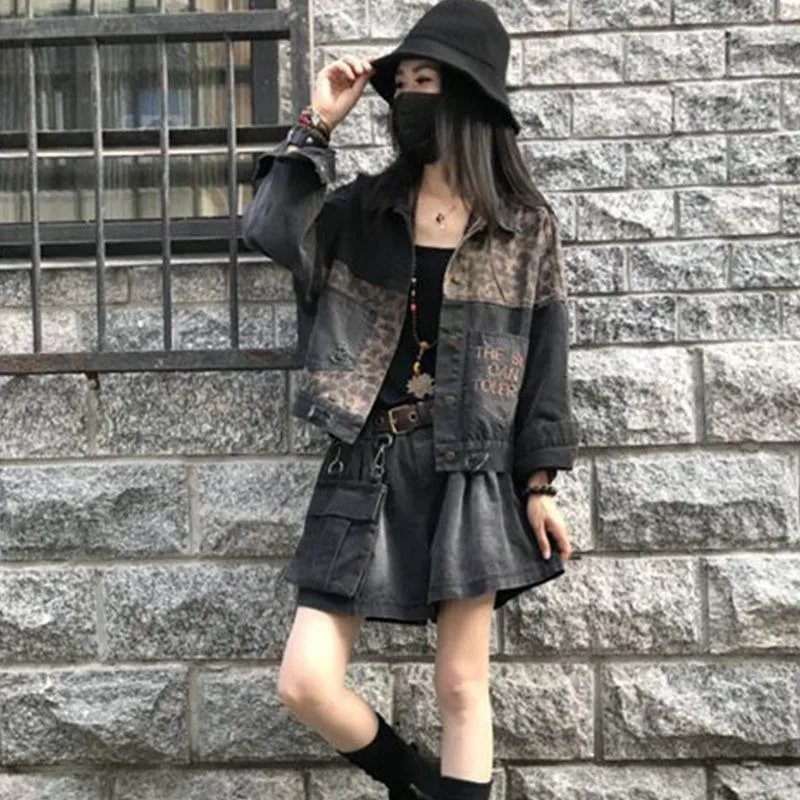

Autumn New Leopard Print Denim Jacket Embroidery Holes Do Old Short Jacket Women's Trend