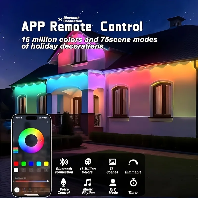 100FT 60LEDs Smart RGB Eave Lights App Control IP67 Permanent Outdoor LED String Lights Home New Year Christmas DIY Lighting