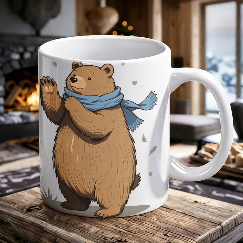 

Cute Winter Scarf Brown Bear Mug, Adorable Waving Cartoon Bear Ceramic Cup, Coffee Cup, Milk Cup, Office Tea Cup,Gift for Friend