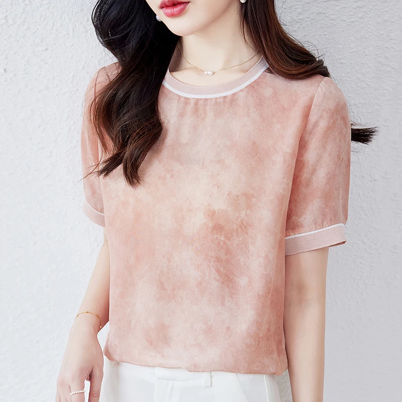 100% Real Silk Women T-shirt Summer Tshirt O-neck Short Sleeve T Shirt Loose Tops Casual T-shirts Tees for Women Tee Blouse