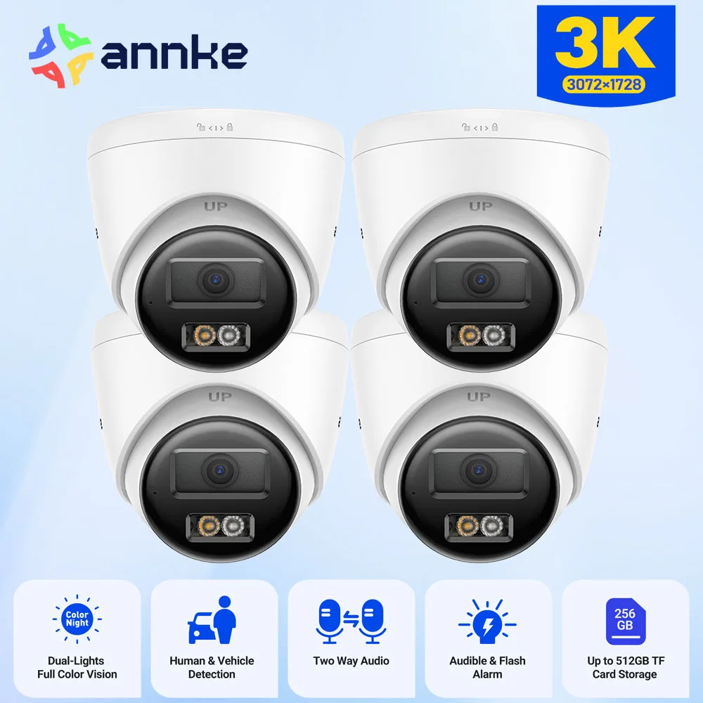 ANNKE 스마트 듀얼 라이트 3K IR 네트워크 보안 IP 카메라, 양방향 오디오 지지대 깜박이, 오디오 알람, 방수 POE 카메라, 4 개