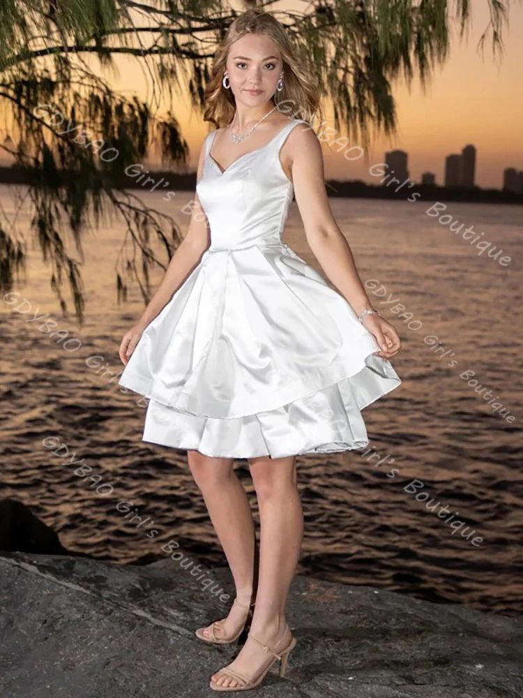 

Customized A-Line Homecoming Dress Tiered Satin Ruffles Strap Open Back Above Knee Length Prom Dress Cocktail Party Evening Gown