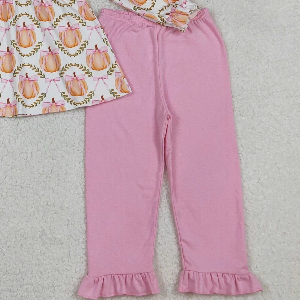 Baby Girls Plaid Tunic And Flame Pants Set with Ruffle Bow Pumpkin Design Pink Fall Clothing Outfit for Infants