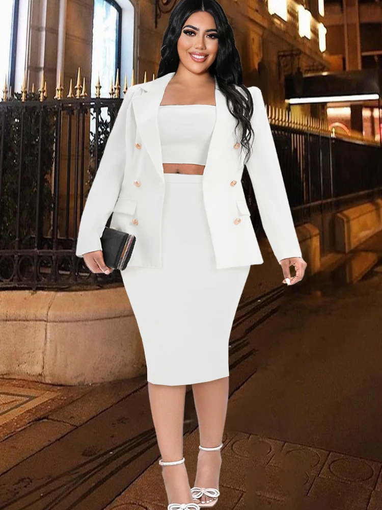 White Plus Size Sets Long Sleeve Blazers and High Waist Skirts Two Pieces Outfits Women Notched Jackets Summer Office Suits 2023