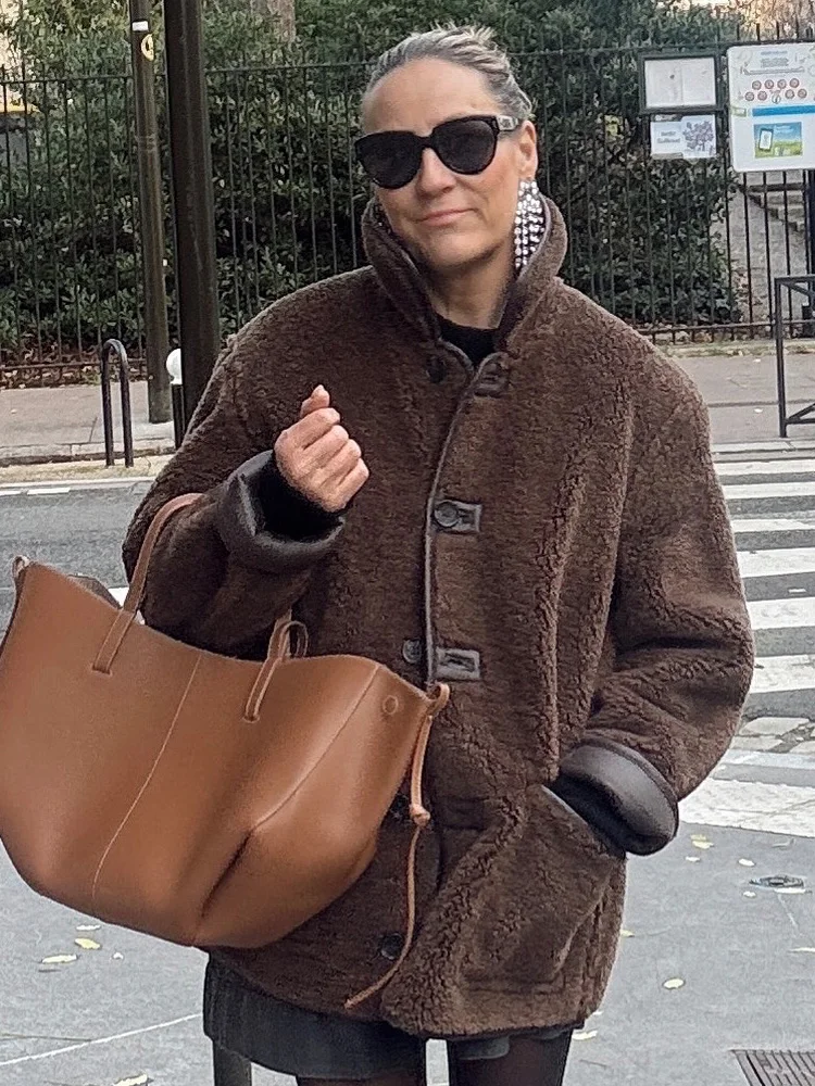 HH 2024 Woman Reversible Coats Brown Turn-Down Collar Long Sleeves Pockets Single Breasted Winter Jackets Woman Trendy
