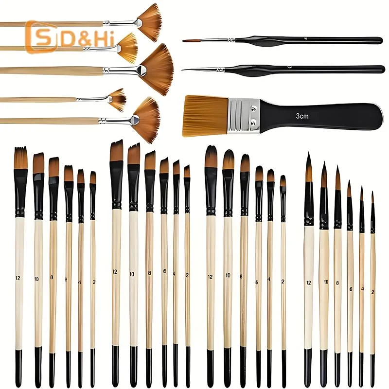 

32Pcs Paint Brush Set For Acrylic Painting Premium Nylon Bristles With Round Filbert,Flat,Fan,Angle,Fine Detail Brush For Artist