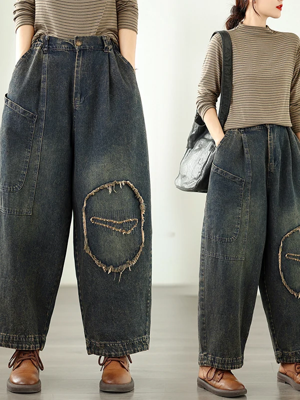 Dames katoenen denim jeans met rechte pijpen, losse pasvorm, casual lantaarnbroek, herfst nieuwe Sle afslankeffect, negen punten jeans